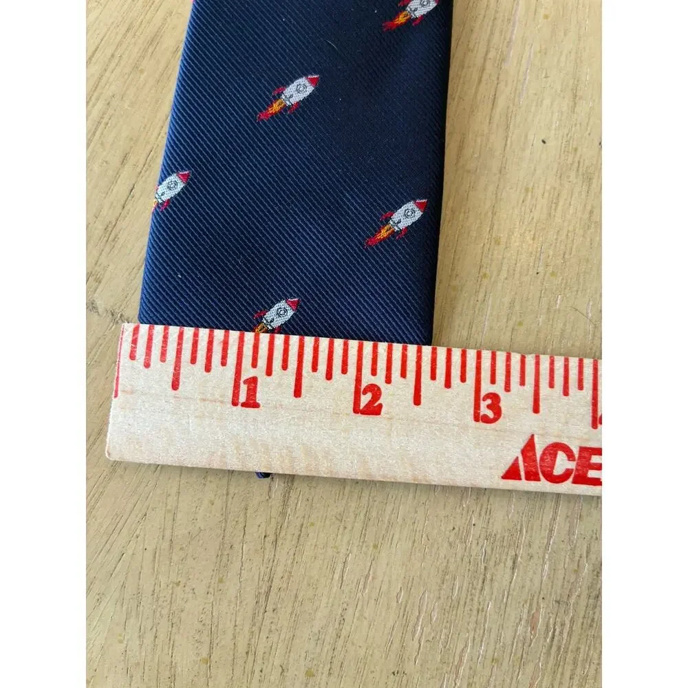 Men's Rocket Space Ship Skinny Tie Navy Blue Novelty NASA Cosmic Retro Moon